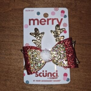 NEW Scunci Kids Glitter Reindeer Bow Hair Clip - Red and Gold